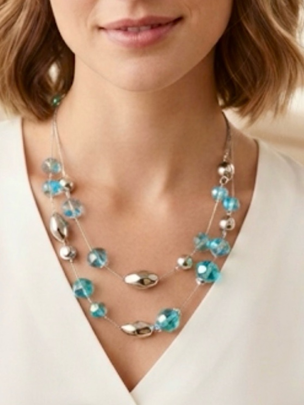 Dress Barn Aqua and Silver Multi-Strand Beaded Necklace